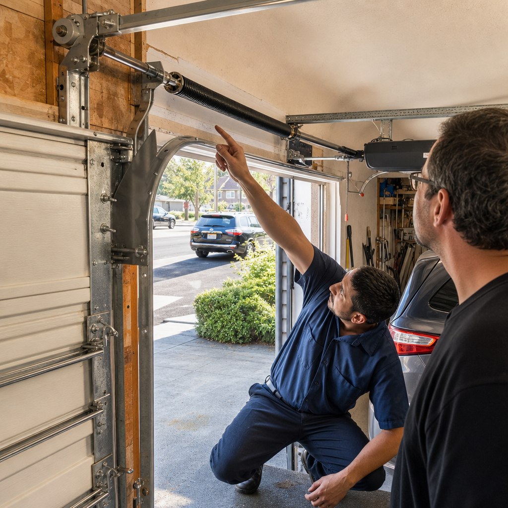 Garage door technician inspecting a torsion spring with a homeowner in Yonkers, NY